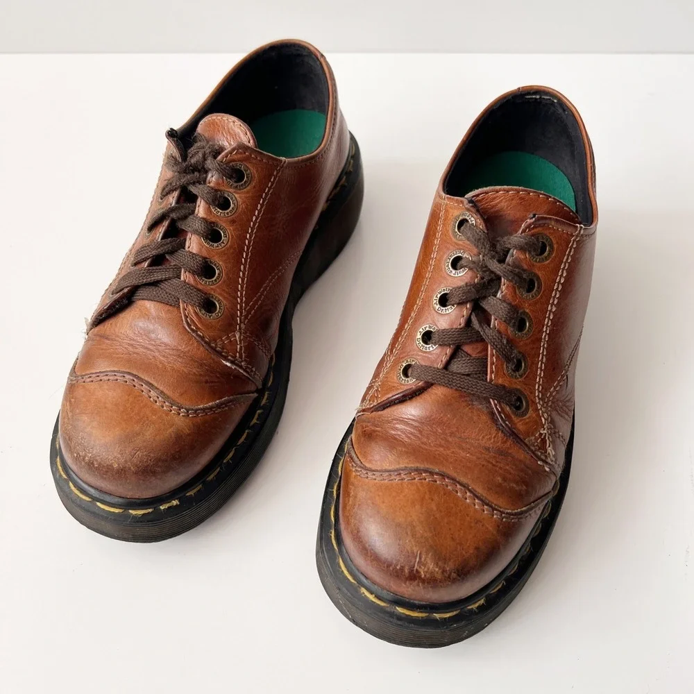 Vintage Dr. Martens Platform Oxfords Brown Leather Chunky Mary Jane Boots Size 8